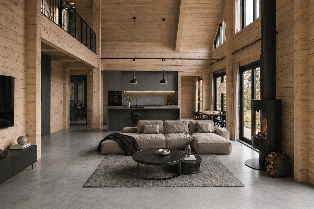 дом из бруса с полом из микроцемента